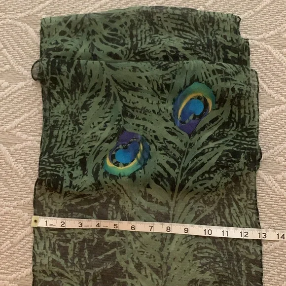 Peacock Motif Scarf Semi-Sheer, 13” x 60”, Neckline Accent, Jacket Accessory EUC - Picture 2 of 8